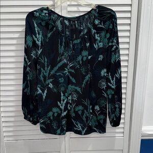Liverpool Blue and Black 3/4 Sleeve Pleated Blouse